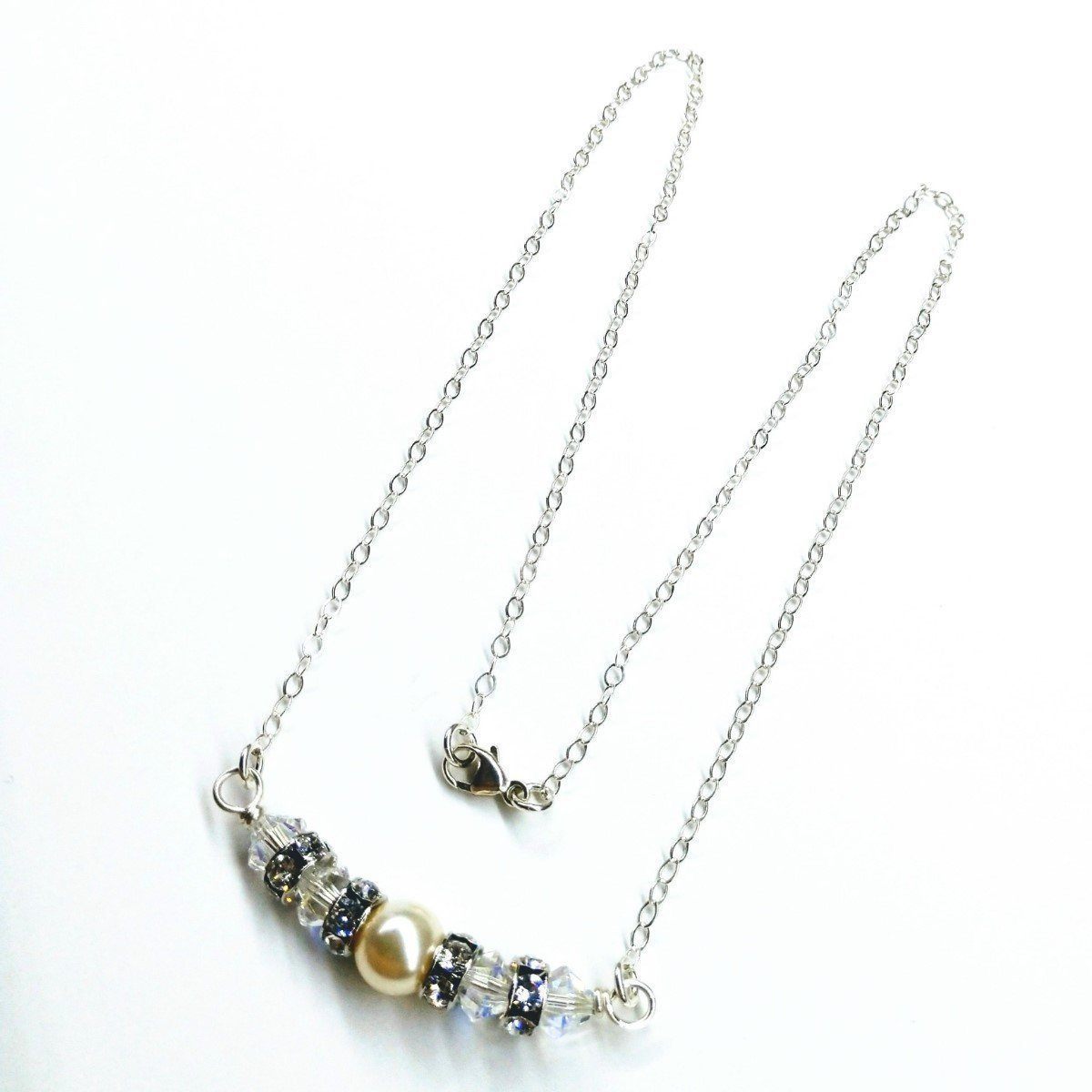 Silver Swarovski Crystal Pearl Bar Bridal Necklace
